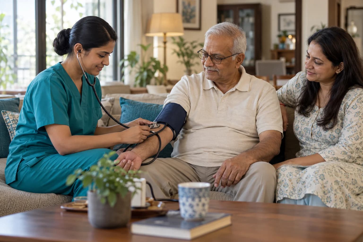 Indian nurse checking an elderly patient's blood pressure at home with his family